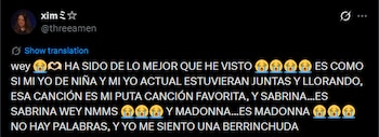 Captura de pantalla de un tuit en X de la cuenta @threeamen, mostrando el perfil de usuario "ximミ☆" y un texto en español con emojis de llanto