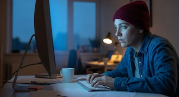 Mujer con gorro rojo y camisa de mezclilla sentada frente a una computadora con teclado y ratón. Hay una taza blanca y una lámpara en el escritorio.