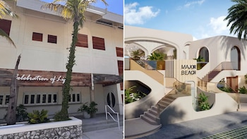 Díptico: a la izquierda, un edificio color crema con palmeras; a la derecha, una representación digital de un moderno complejo llamado Major Beach