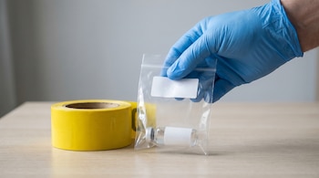 Mano con guante de látex azul sostiene una bolsa de evidencia transparente con frasco y etiqueta, sobre mesa clara junto a cinta policial amarilla enrollada.
