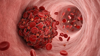 Imagen 3D de un coágulo sanguíneo grande y rojo, formado por glóbulos rojos y pequeñas plaquetas, dentro de un vaso sanguíneo rosado. Se ven más células flotando.