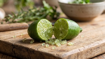 Una lima dedo verde cortada en dos partes sobre una tabla de madera con pequeñas esferas de pulpa esparcidas alrededor.
