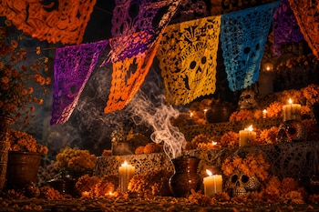 Altar con guirnaldas de papel picado, flores anaranjadas, calaveras ornamentales, velas encendidas y humo que asciende de una vasija.
