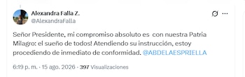 La ministra Alexandra Falla Z. inició la revisión de nombramientos en la cartera de las TIC - crédito @AlexandraFalla/X