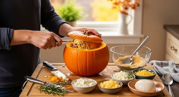 Una persona en una cocina rellena una calabaza naranja con fideos de calabaza y queso. Varios cuencos con queso e hierbas frescas están sobre una tabla de cortar.