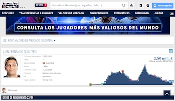 El futbolista según la aplicación deportiva, se encuentra avaluado en un precio de 2.5 millones de euros- crédito página oficial de Transfermarkt