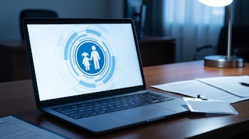 Laptop abierta en escritorio de madera, su pantalla exhibe el logo del NCMEC; documentos legales y una credencial blanca están desenfocados al lado.