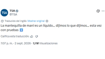 Captura de pantalla de un mensaje publicado por la cuenta verificada de la TSA con texto sobre la mantequilla de maní
