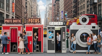 Varias personas interactúan con cabinas