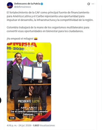 El movimiento Defensores de la Patria informó que Colombia trabajará de la mano de los organismos multilaterales para garantizar que los recursos sean utilizados para el bienestar de la población - crédito @defensoresco/X