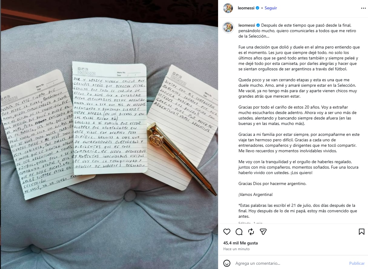 La carta que publicó Messi para anunciar su retiro de la Selección