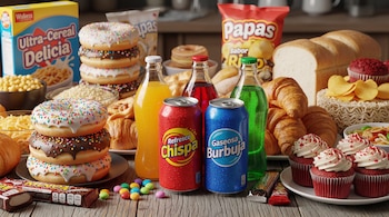 Caja de cereal, donuts apiladas, botellas y latas de refresco, bolsa de patatas fritas, pan, croissants, cupcakes, fideos instantáneos y chocolates.