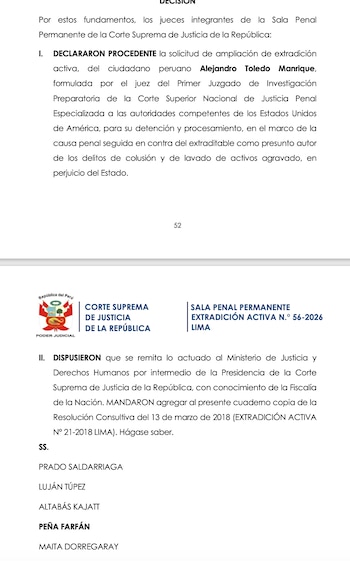 Corte Suprema declaró procedente el pedido de extradición en abril pasado.