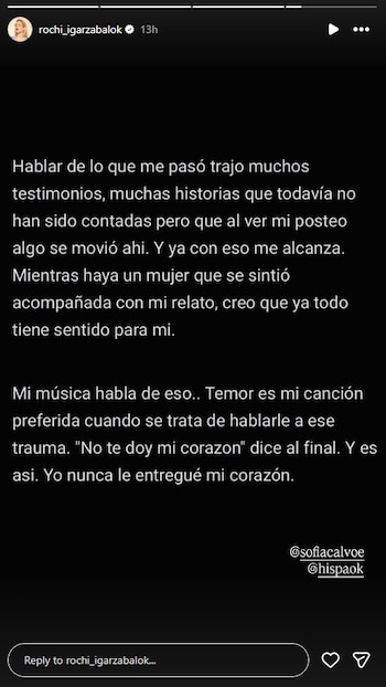 Captura de pantalla de una publicación de Instagram con texto blanco sobre fondo negro, mostrando una reflexión personal de Rocío Igarzábal