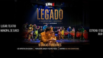 Cartel promocional del espectáculo “Legado” de Kimba Fa, con artistas en escena, instrumentos musicales, y texto que indica lugar, fecha y características del evento