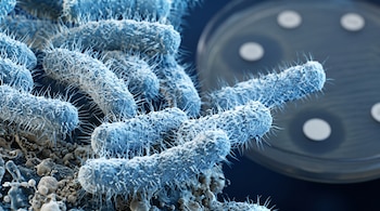 Bacterias de color azul en forma de bastón con pequeños filamentos y una placa de Petri con discos blancos sobre fondo oscuro.