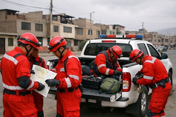 Cuatro rescatistas con uniformes rojos y cascos. Tres observan un mapa, uno organiza equipo en la parte trasera de una camioneta blanca. Edificios y calle.