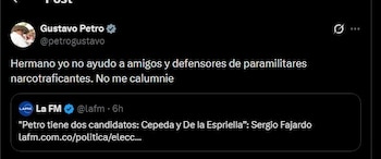 El presidente Gustavo Petro respondió en redes sociales a Sergio Fajardo, rechazando acusaciones y afirmando que no respalda a defensores de paramilitares ni narcotraficantes - crédito Gustavo Petro/X