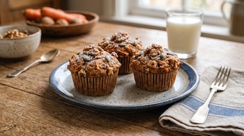 Tres muffins con nueces sobre un plato de cerámica, acompañados de un vaso de leche, un tenedor con servilleta y una cuchara.