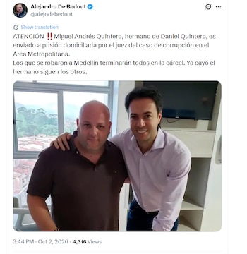 El presidente del Concejo de Medellín, Alejandro De Bedout, reaccionó a la medida de aseguramiento contra Miguel Quintero - crédito @alejodebedout/X