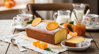 Un budín de mandarina entero y una porción en un plato, rodajas de mandarina, azúcar impalpable, tazas de té, jarras de leche y mermelada sobre una mesa de madera.