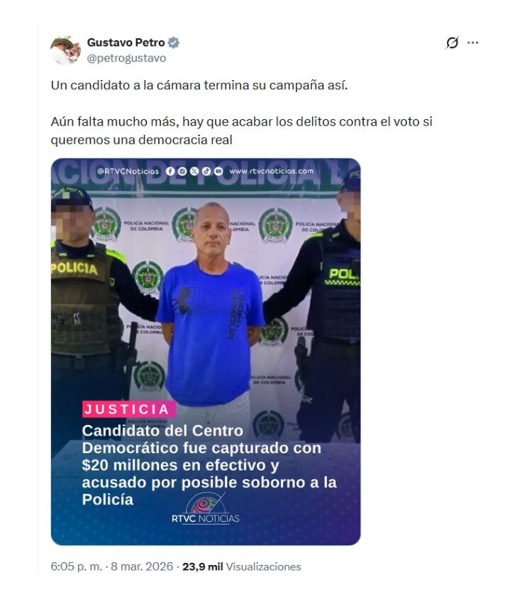 En un comentario en sus redes sociales, el presidente Gustavo Petro habló sobre Víctor Hugo Moreno, el aspirante del Centro Democrático que fue capturado en Amazonas - crédito @petrogustavo/X