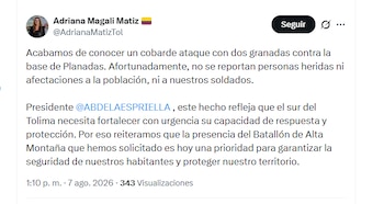 La gobernadora Adriana Magali Matiz envió un mensaje al presidente electo Abelardo de la Espriella tras atentado en Planadas - crédito @AdrianaMatizTol/X