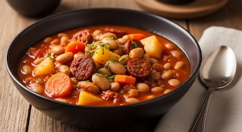 Primer plano de un guiso de porotos con trozos de chorizo, patatas, zanahorias y perejil picado, servido en un cuenco negro sobre madera.