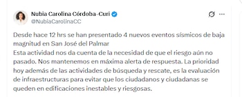 La gobernadora Nubia Carolina Córdoba-Curi advirtió sobre el riesgo persistente en Chocó debido a las réplicas que se han presentado - crédito @NubiaCarolinaCC/X