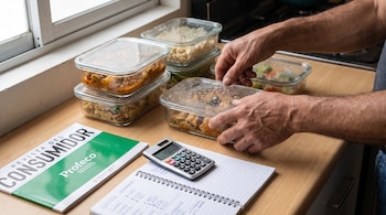 Manos que acomodan recipientes de vidrio con comida sobre una encimera junto a una calculadora, una libreta de notas y una revista de Profeco.