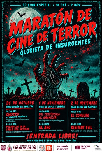 Cartel con una mano que sale de una tumba en un cementerio bajo la luna llena, murciélagos y la lista de películas programadas
