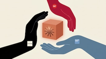 Tres manos estilizadas de Blackstone, Hellman & Friedman y Goldman Sachs sostienen un cubo terracota brillante con el logo de Anthropic, sobre un fondo crema.