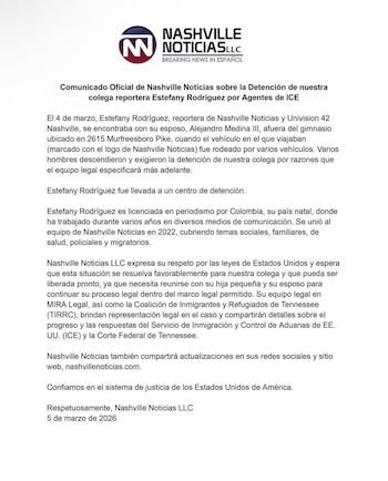 El medio Nashville Noticias confirmó