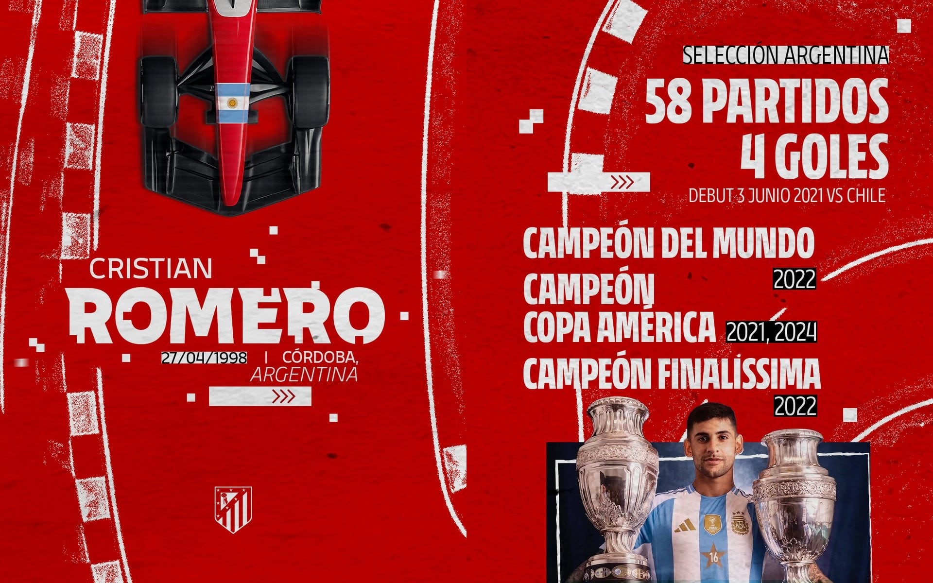 El Atlético de Madrid utilizó un fondo con curvas y un monoplaza para brindar diferentes detalles de la carrera del Cuti Romero. El club trabajará en conjunto con la organización del GP de España de septiembre próximo (Créditos: @Atleti)