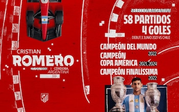 El Atlético de Madrid utilizó un fondo con curvas y un monoplaza para brindar diferentes detalles de la carrera del Cuti Romero. El club trabajará en conjunto con la organización del GP de España en la Fórmula 1
