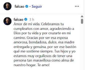 El mensaje conmovió a los fanáticos de la pareja - crédito Falcao / Instagram