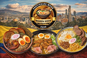 La imagen muestra tres tazones de ramen variados y el logotipo de Ramen Week Colombia 2026, sobre la bandera de Colombia con un paisaje urbano de fondo.