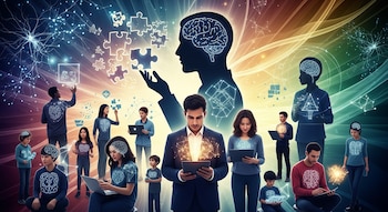 Un grupo diverso de personas de distintas edades con gráficos del cerebro y neuronas, manipulando piezas de rompecabezas sobre un fondo abstracto multicolor.