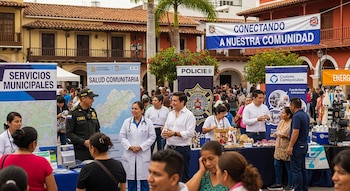 Escena en plaza pública con varios stands de servicios. Se ven representantes de policía, salud y empresas atendiendo a un público diverso en un evento comunitario al aire libre.