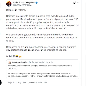 El candidato Abelardo de la Espriella retó a Paloma Valencia a demostrar que votó "Sí" en el plebiscito por la paz - crédito @ABDELAESPRIELLA/X