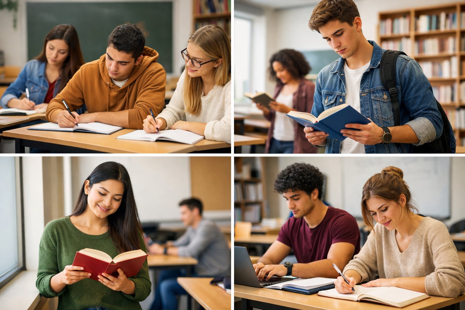 Un collage muestra a varios jóvenes universitarios estudiando, leyendo libros en aulas y bibliotecas, y trabajando en sus escritorios con diligencia. (Imagen Ilustrativa Infobae)