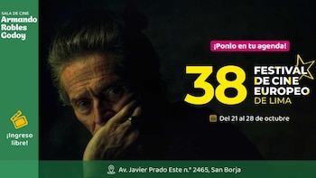 Cartel con el rostro de un hombre en penumbra, el número 38 en amarillo, el nombre del festival de cine europeo, fechas y una dirección