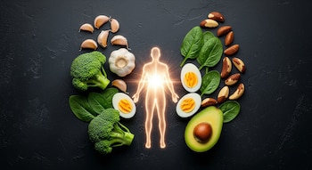 Alimentos ricos en glutatión: brócoli, ajo, espinaca, aguacate, huevos y nueces de Brasil, rodeando una silueta humana con luz central.