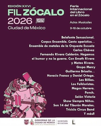 Cartel morado con texto sobre la Feria Internacional del Libro en el Zócalo 2026, una lista de artistas musicales y una ilustración mesoamericana