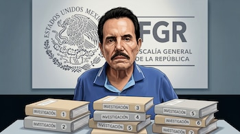Ilustración de hombre con bigote y camisa azul. Fondo con el Escudo Nacional de México y el logo FGR. Siete carpetas apiladas rotuladas "Investigación" y numeradas del 1 al 7.