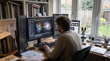 Hombre de espaldas frente a tres monitores de computadora en un escritorio con libros, papeles y un microscopio. Estantería con libros y ventana al jardín.