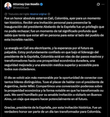 El abogado estadounidense compartió en sus redes sociales un mensaje en el que calificó como un honor haber asistido a la posesión de Abelardo de la Espriella y destacó el carácter histórico del inicio de su Gobierno - crédito Dan Newlin/X