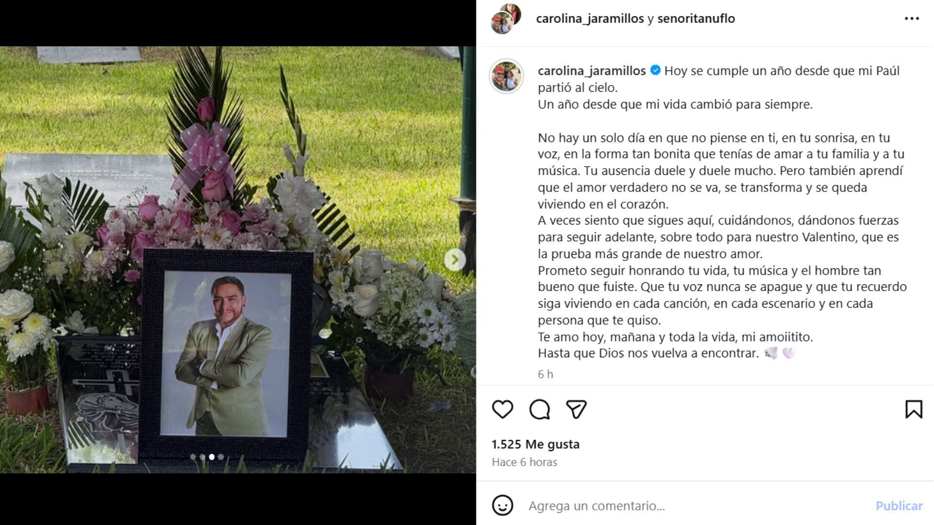La tumba de Paul Flores, adornada con flores y una fotografía, conmemora el primer aniversario de su muerte, recordando su voz y el impacto de su legado musical y personal. (Carolina Jaramillo)