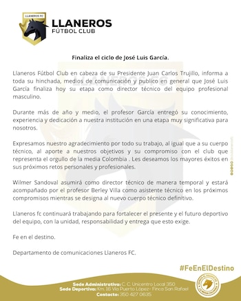 Estrategas como Richard Páez, Alfredo Arias y Fabián Bustos integraron la lista de técnicos desvinculados en el semestre-crédito @ClubLlanerosFC/X