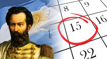 Fusión del retrato de Martín Miguel de Güemes con la bandera argentina en el fondo y un calendario que muestra el día 15 circulado en rojo.